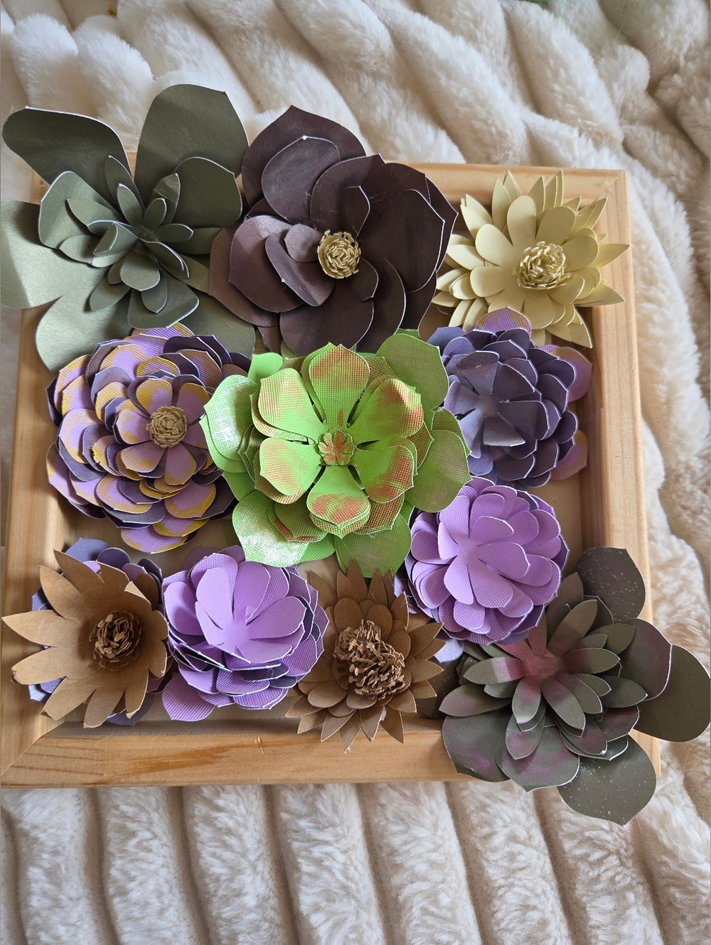 Handmade Paper Succulent  Flower Wall Art - Mixed Purple, Green, Brown, Cream